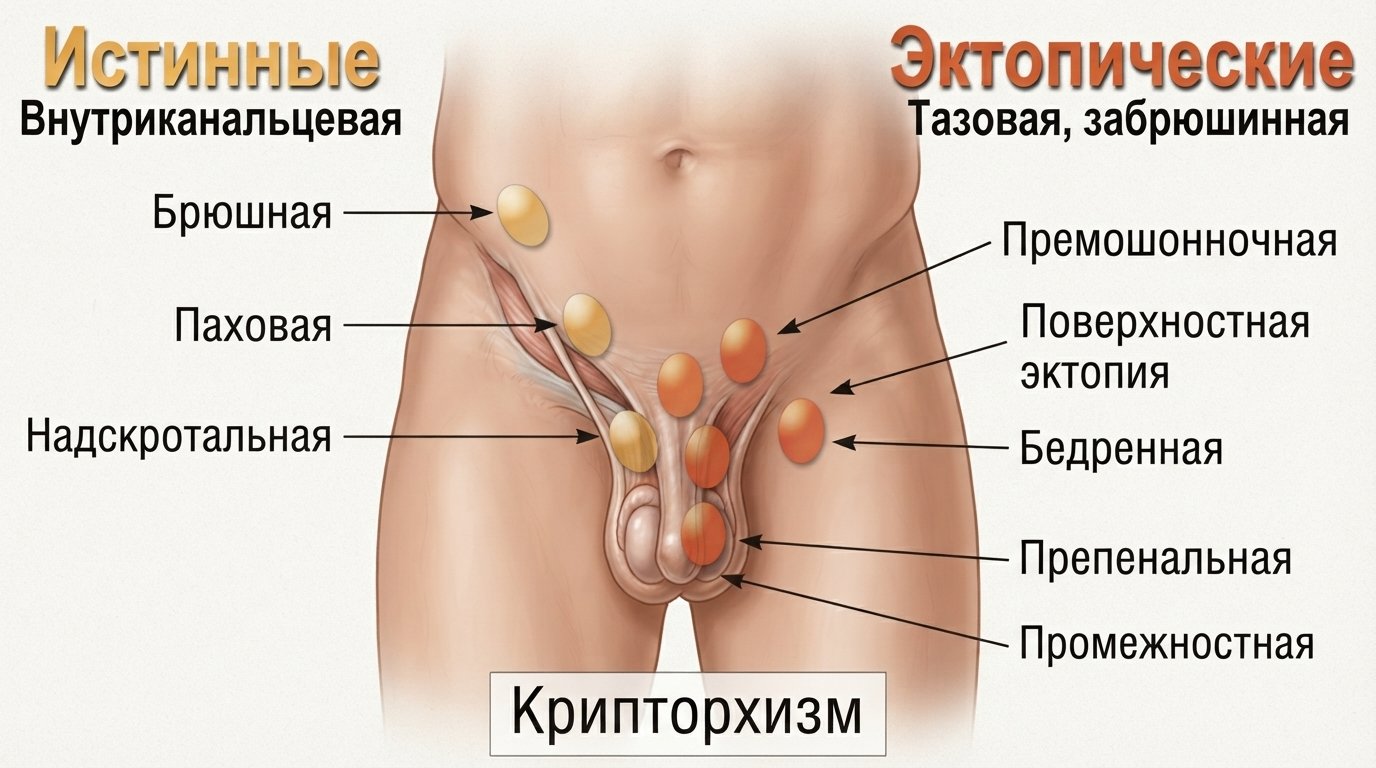 Анатомия: нормальное расположение яичек в мошонке и варианты крипторхизма — схема